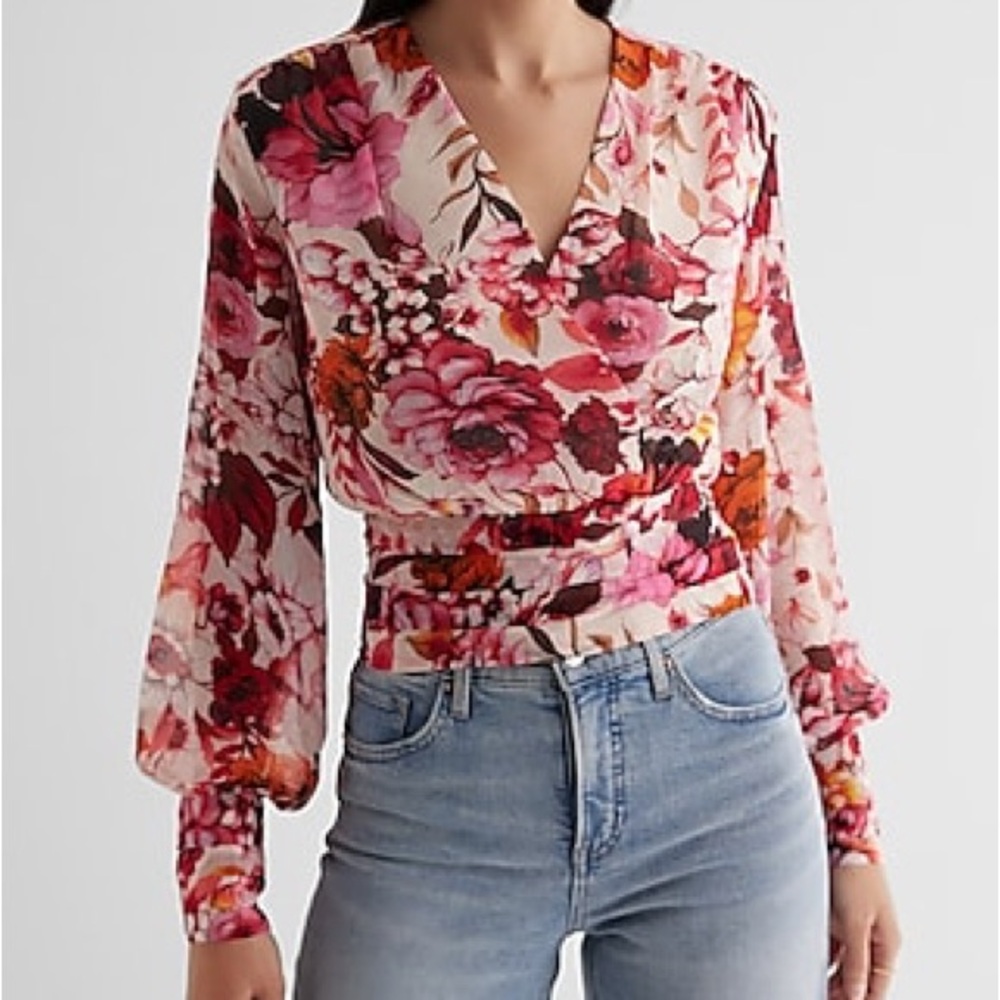 Express Floral Wrap Blouse - Pink and Red